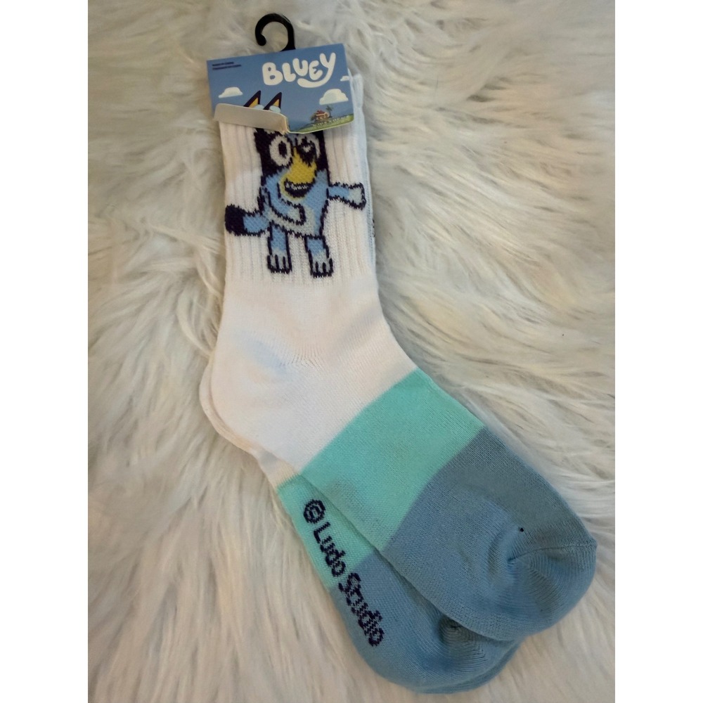 Bluey Kids Crew Socks White Teal Blue Colorblock Shoe Size 10-4 NWT